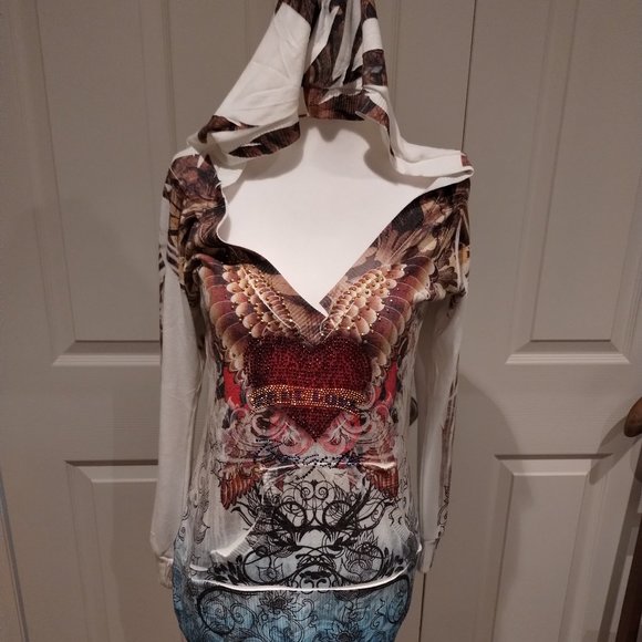 HOODED Long Patterned Pullover LARGE Heart and Pouch on Front - Picture 1 of 4